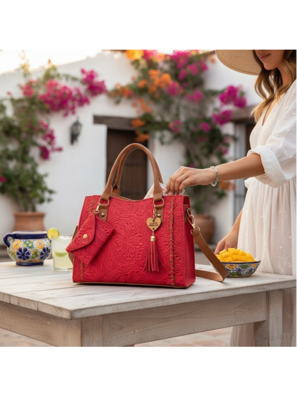 Red Brown FLORAL Cross Stitch Embossed Tooled Artisan LEATHER Purse Bag